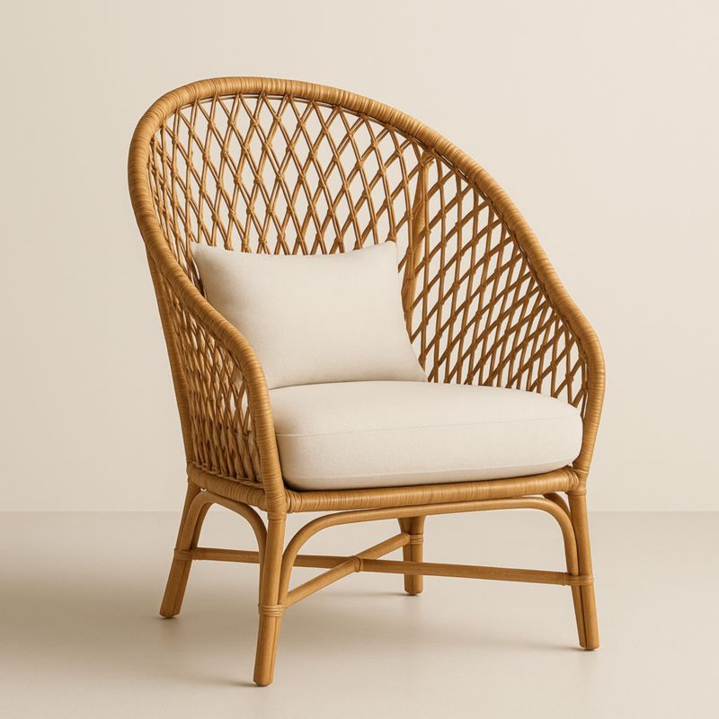 Fauteuil en rotin naturel avec coussins en tissu beige