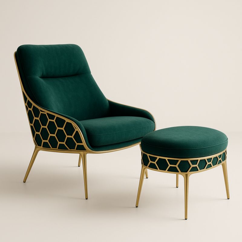 Fauteuil en Velours et Repose-pieds Cadre Métallique Nid d'Abeille Vert