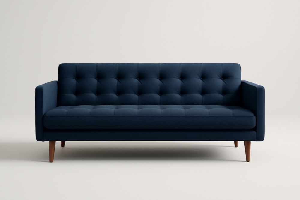 Canapé 2 places en tissu bleu avec pieds en bois