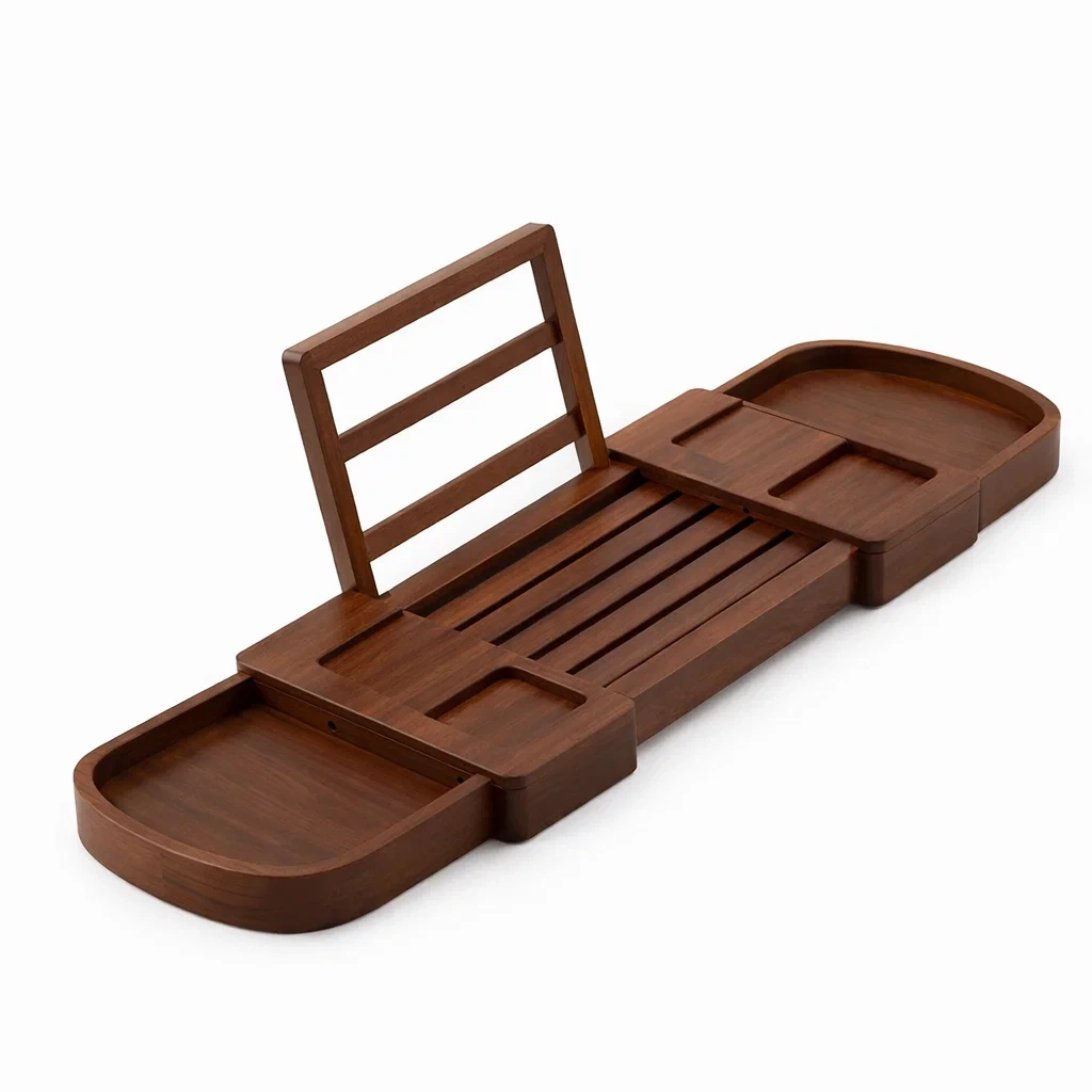 Adjustable Dark Wood Bathtub Tray with Book Rest and Storage Sections-pureoakliving