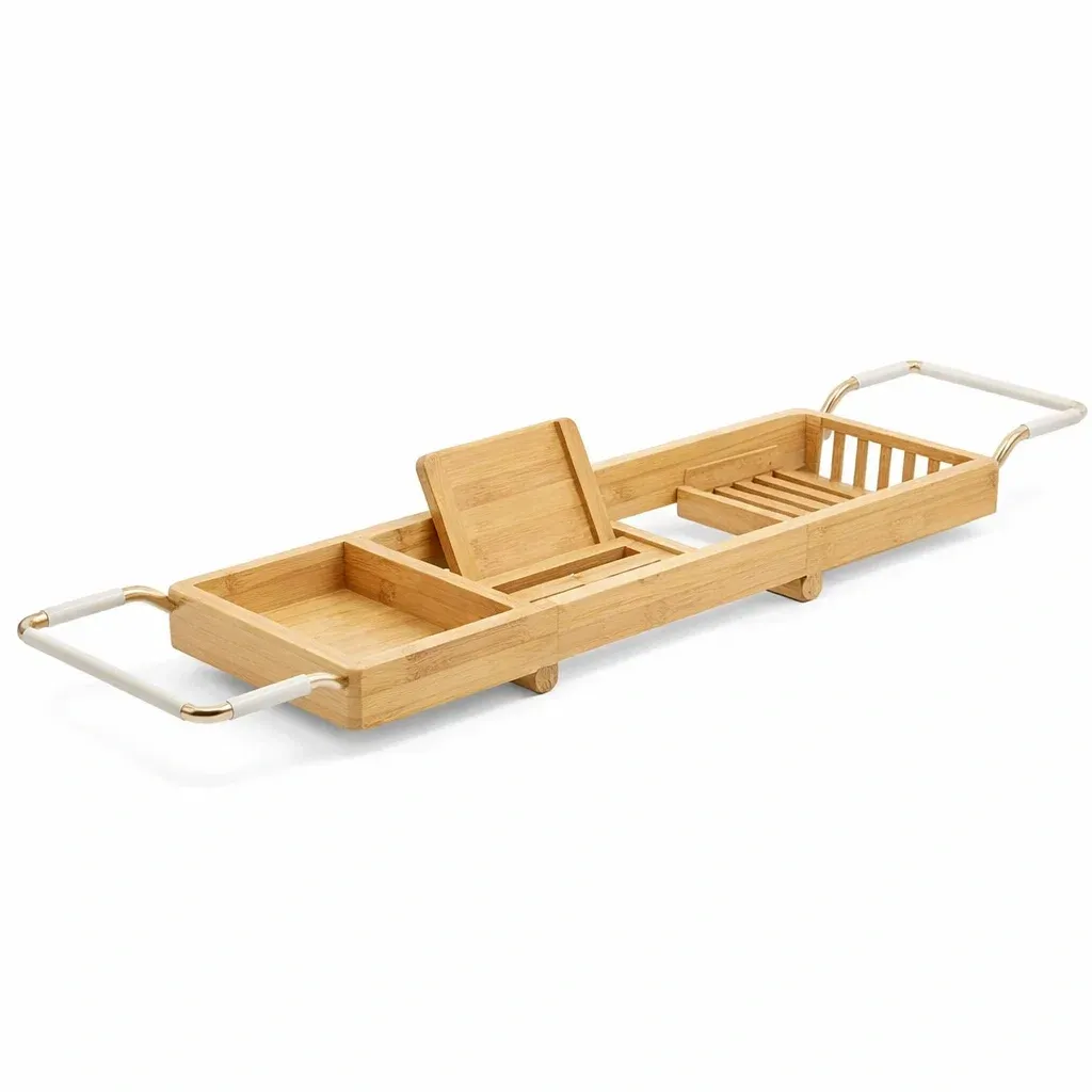 Expandable Bamboo Bathtub Tray with Handles and Multi-Compartment Design-pureoakliving