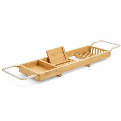 Expandable Bamboo Bathtub Tray with Handles and Multi-Compartment Design-pureoakliving