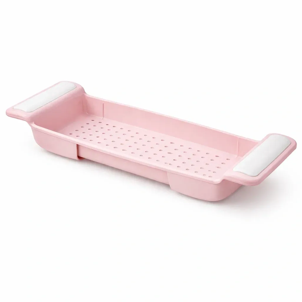 Pink Adjustable Bathtub Storage Shelf with Drainage Design-pureoakliving