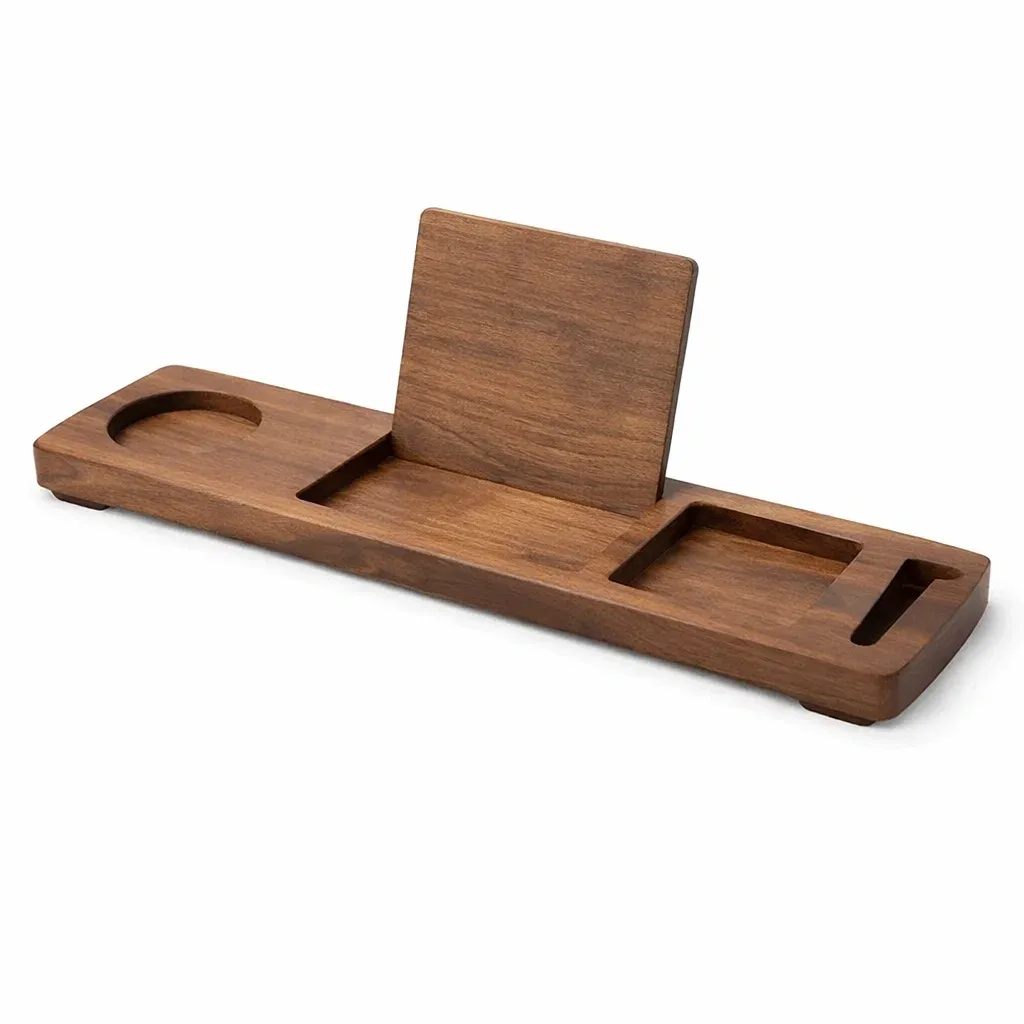 Dark Wood Bathtub Tray with Tablet Stand and Accessory Slots-pureoakliving