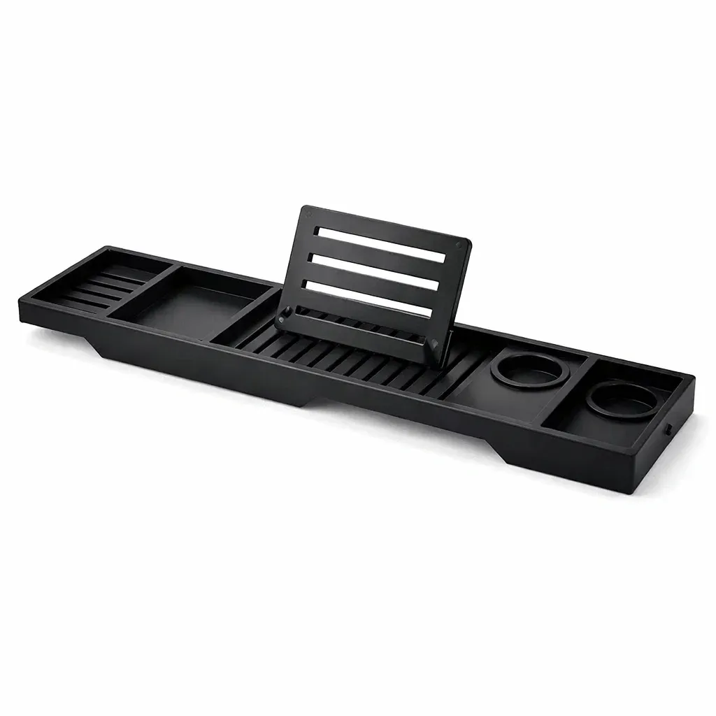 Black Bathtub Tray with Adjustable Book Rest and Dual Cup Holders-pureoakliving