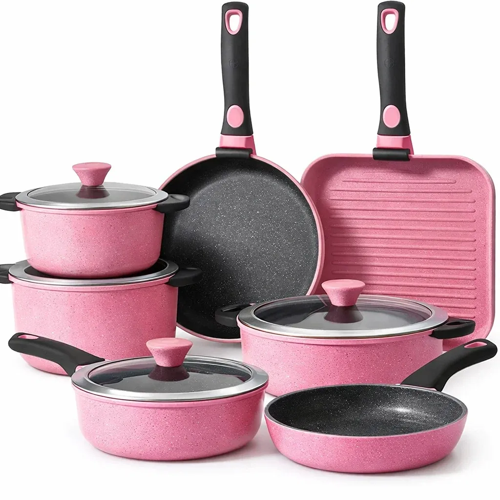 Pink Granite Non-Stick Cookware Set with Glass Lids-pureoakliving