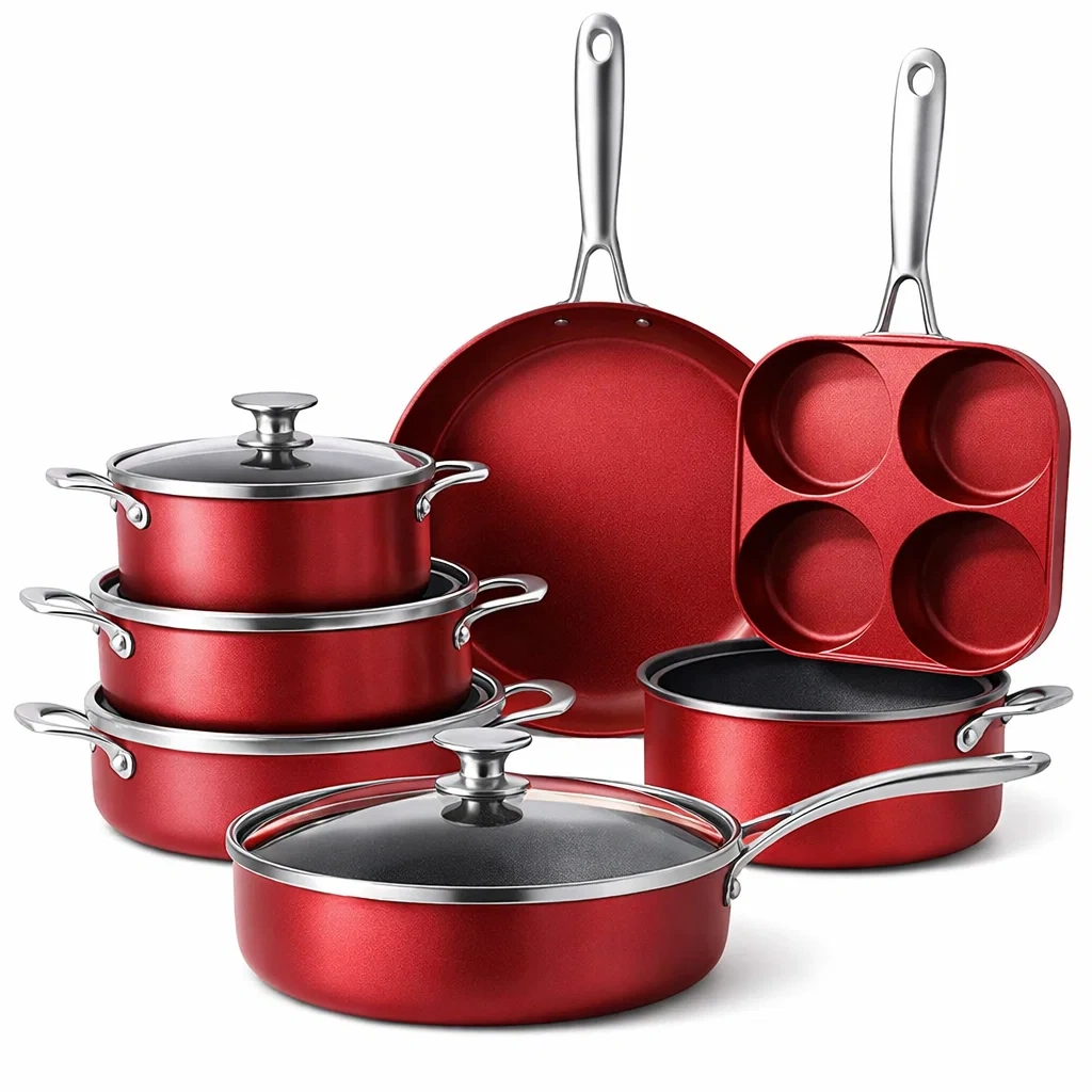 Red Aluminium Cookware Set with Grill and Saucepan-pureoakliving