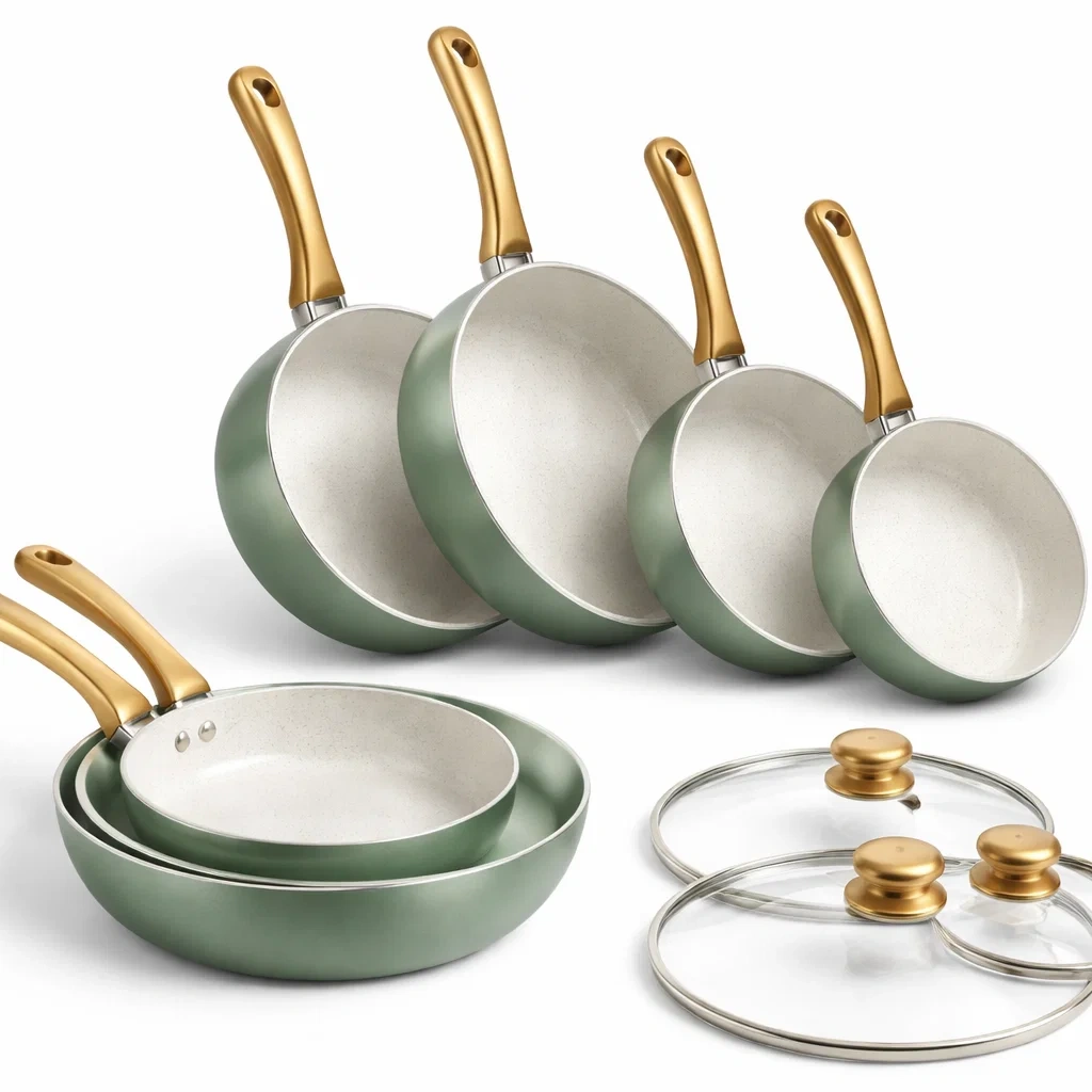 Green Ceramic Non-Stick Frying Pan Set with Glass Lids-pureoakliving