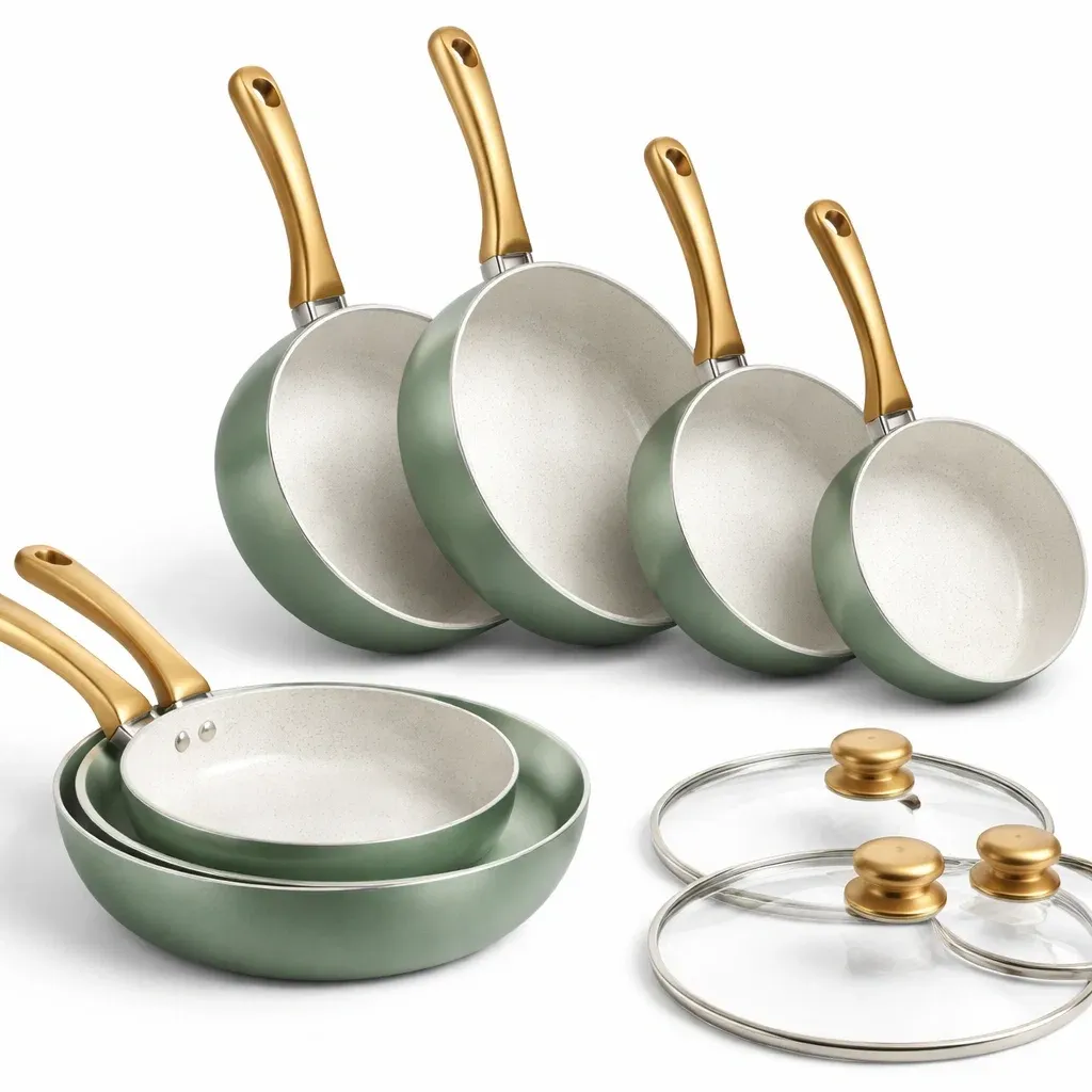 Green Ceramic Non-Stick Frying Pan Set with Glass Lids-pureoakliving