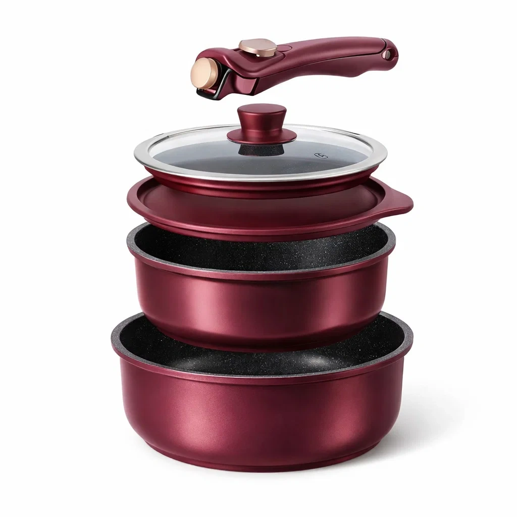 Burgundy Stackable Non-Stick Cookware Set with Removable Handle-pureoakliving