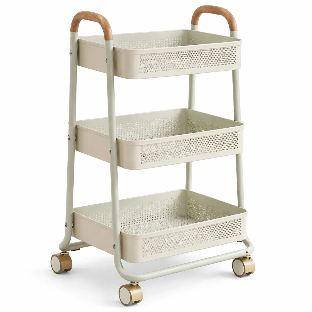 Three-Tier Storage Trolley with Wooden Handles-pureoakliving