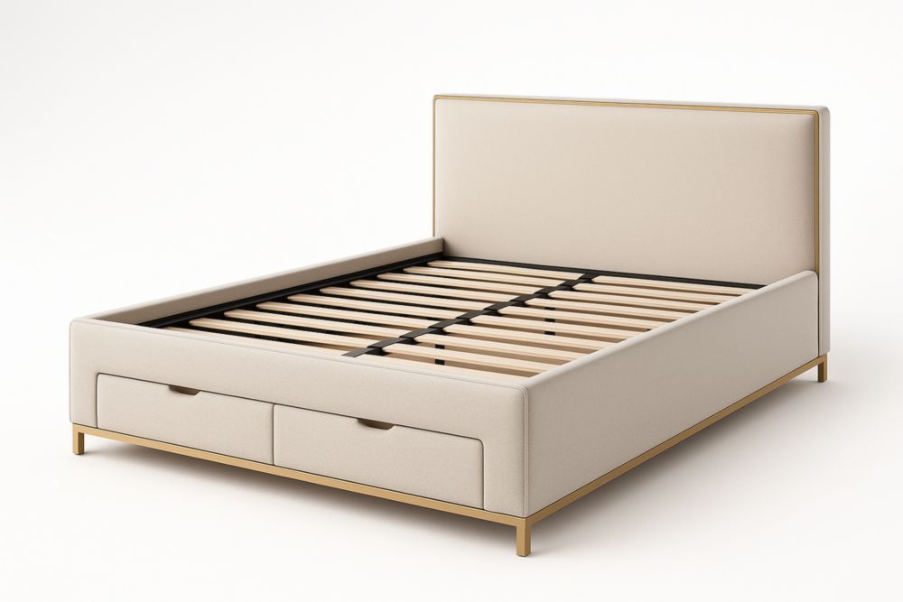 Letto matrimoniale in tessuto beige con cassetti e struttura in metallo
