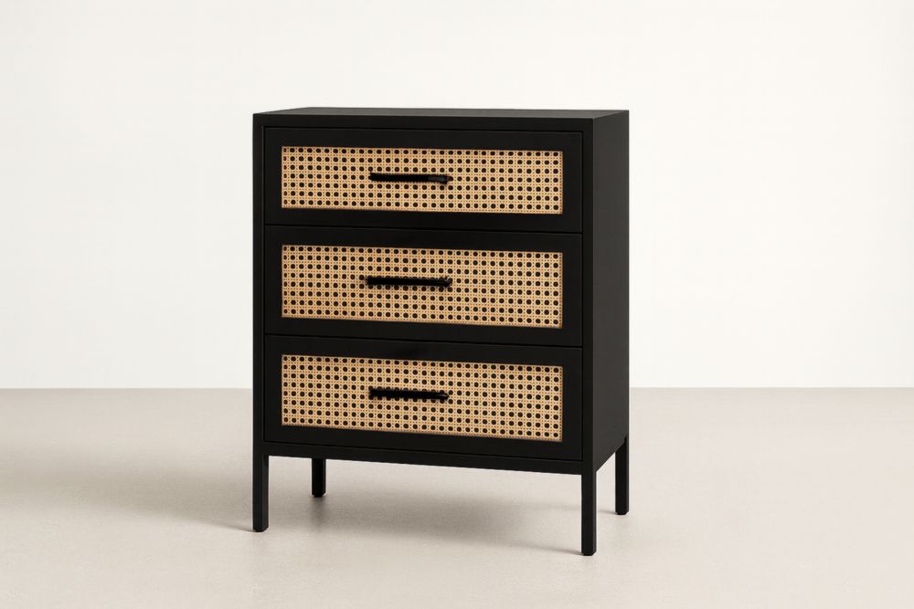 Cassettiera in legno nero con frontale in rattan con 3 cassetti