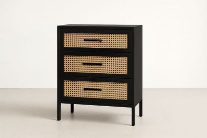 Cassettiera in legno nero con frontale in rattan con 3 cassetti