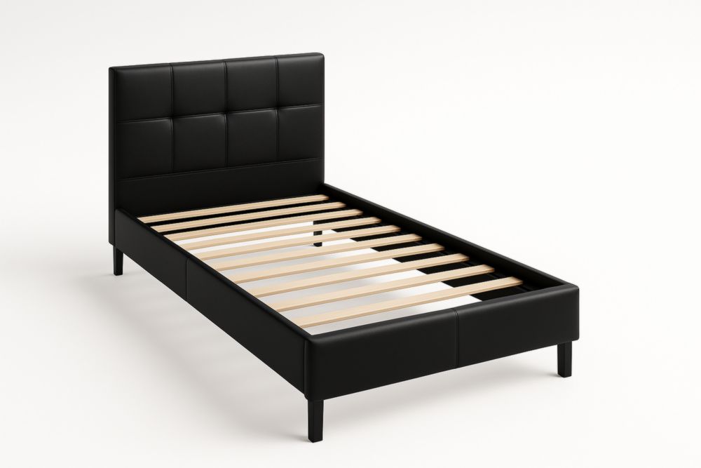 Letto singolo in ecopelle nero con doghe in legno massello 200x90 cm
