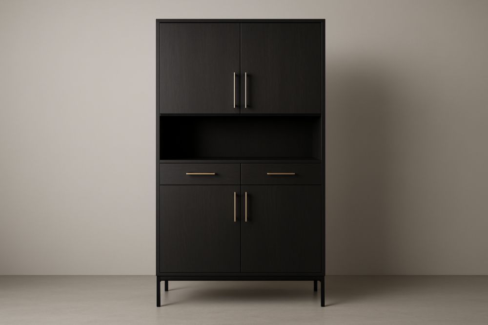 Mobile contenitore in MDF scuro con maniglie in alluminio