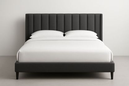 Letto Matrimoniale in Tessuto Misto Poliestere Grigio Scuro con Testiera a Pannelli