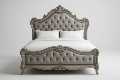 Letto Matrimoniale in Legno Massello e Pelle Sintetica Grigia con Testiera Capitonnè