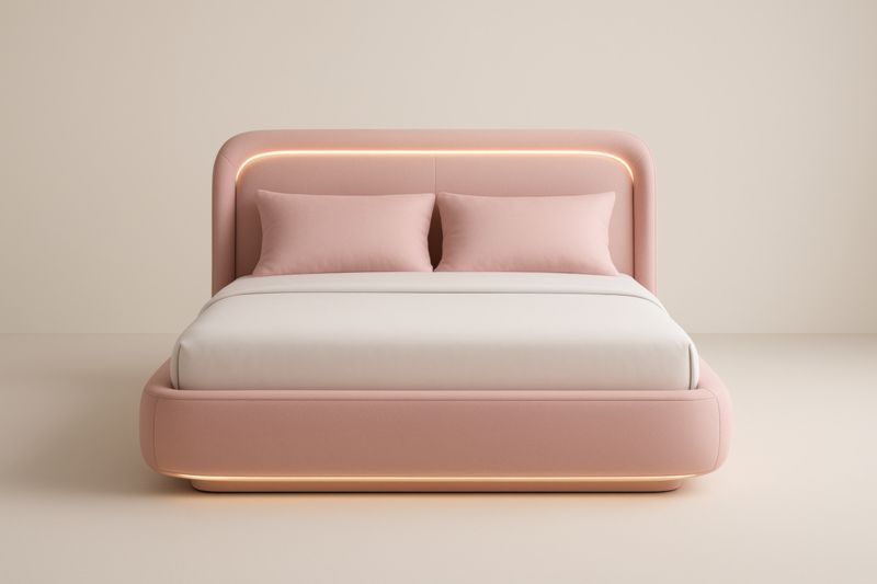 Letto Matrimoniale Imbottito in Tessuto Poliestere Rosa con Luci LED