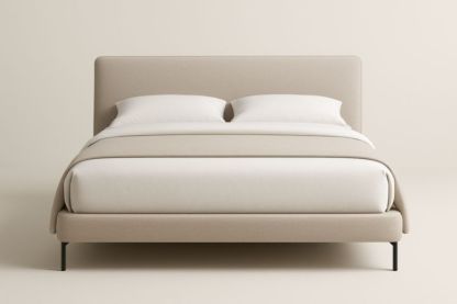 Letto matrimoniale imbottito in tessuto poliestere beige con struttura in legno massello