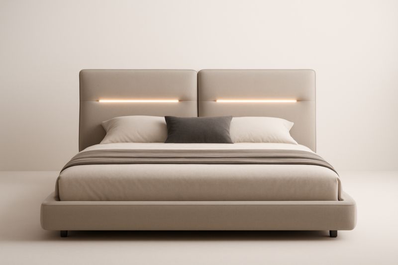 Letto matrimoniale imbottito con testiera illuminata in tessuto poliestere beige 200x160 cm(Lu×L)