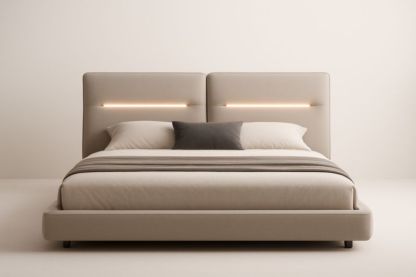 Letto matrimoniale imbottito con testiera illuminata in tessuto poliestere beige 200x160 cm(Lu×L)