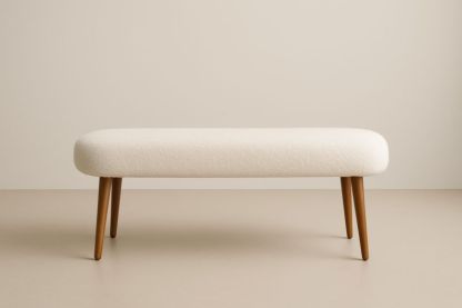 Panca in tessuto poliestere bianco crema con gambe in legno massello