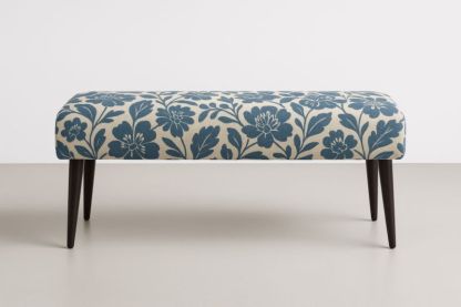 Panca in Legno Massello con Rivestimento Floreale Blu e Beige in Poliestere