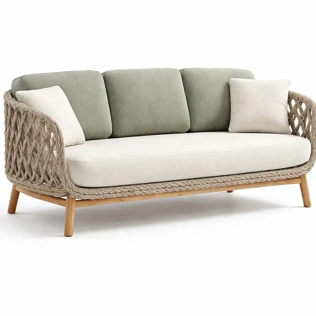 Outdoor Rope Weave Three Seater Sofa with Wood Legs-urbanwoodhome