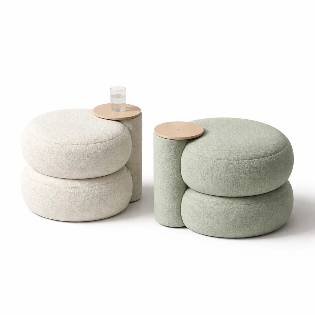 Light Green Fabric Ottoman Stool with Integrated Side Table-urbanwoodhome