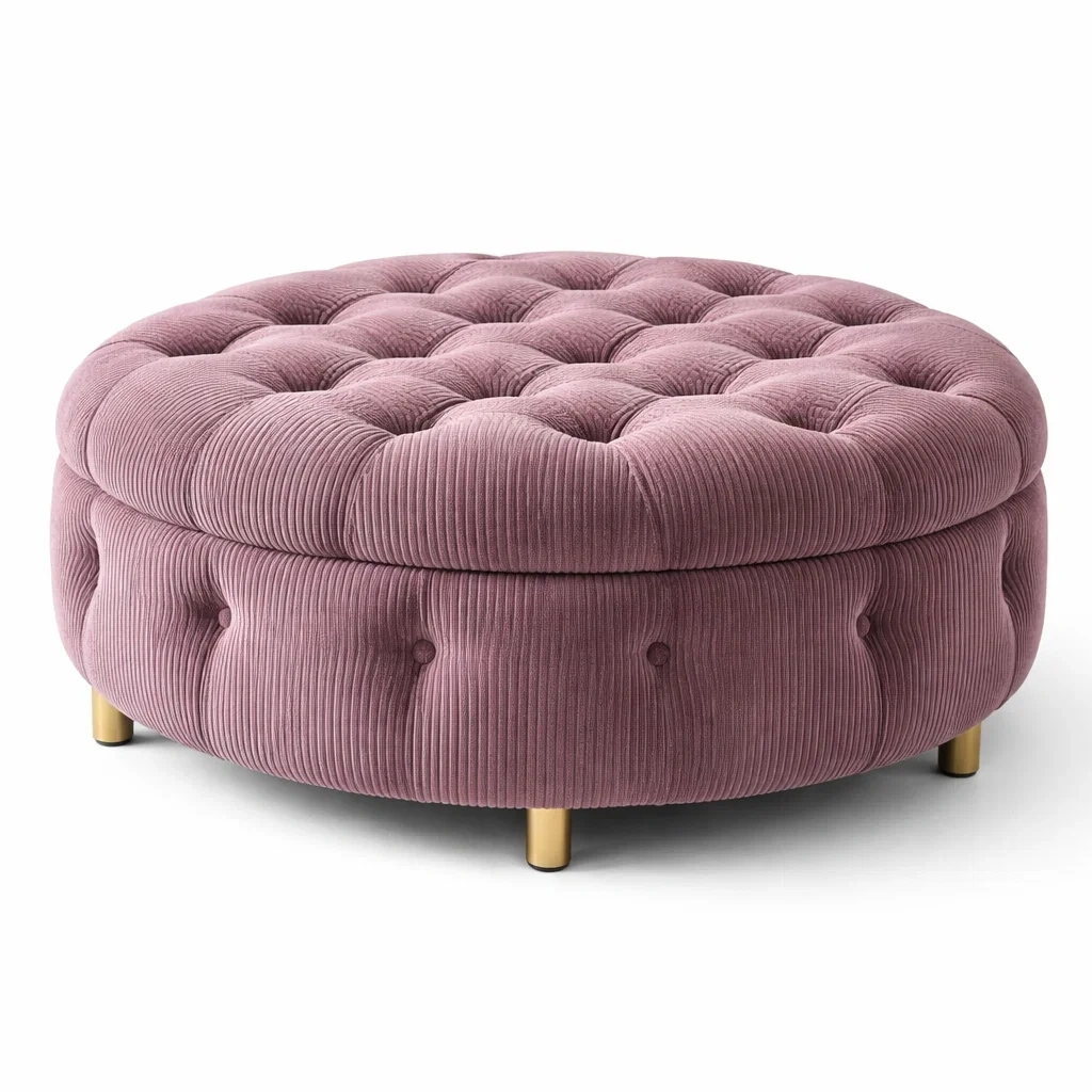 Pink Upholstered Round Footstool with Buttoned Cushion-urbanwoodhome