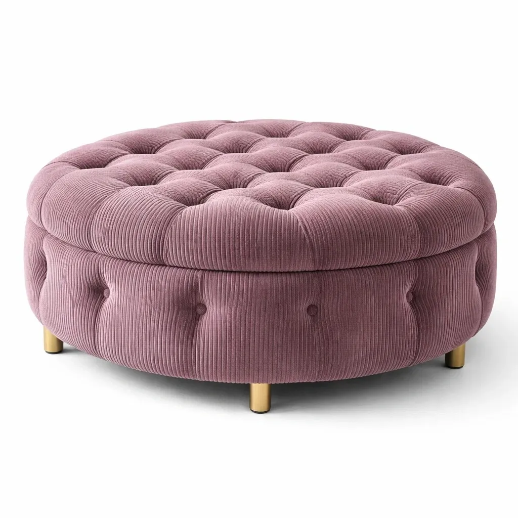 Pink Upholstered Round Footstool with Buttoned Cushion-urbanwoodhome
