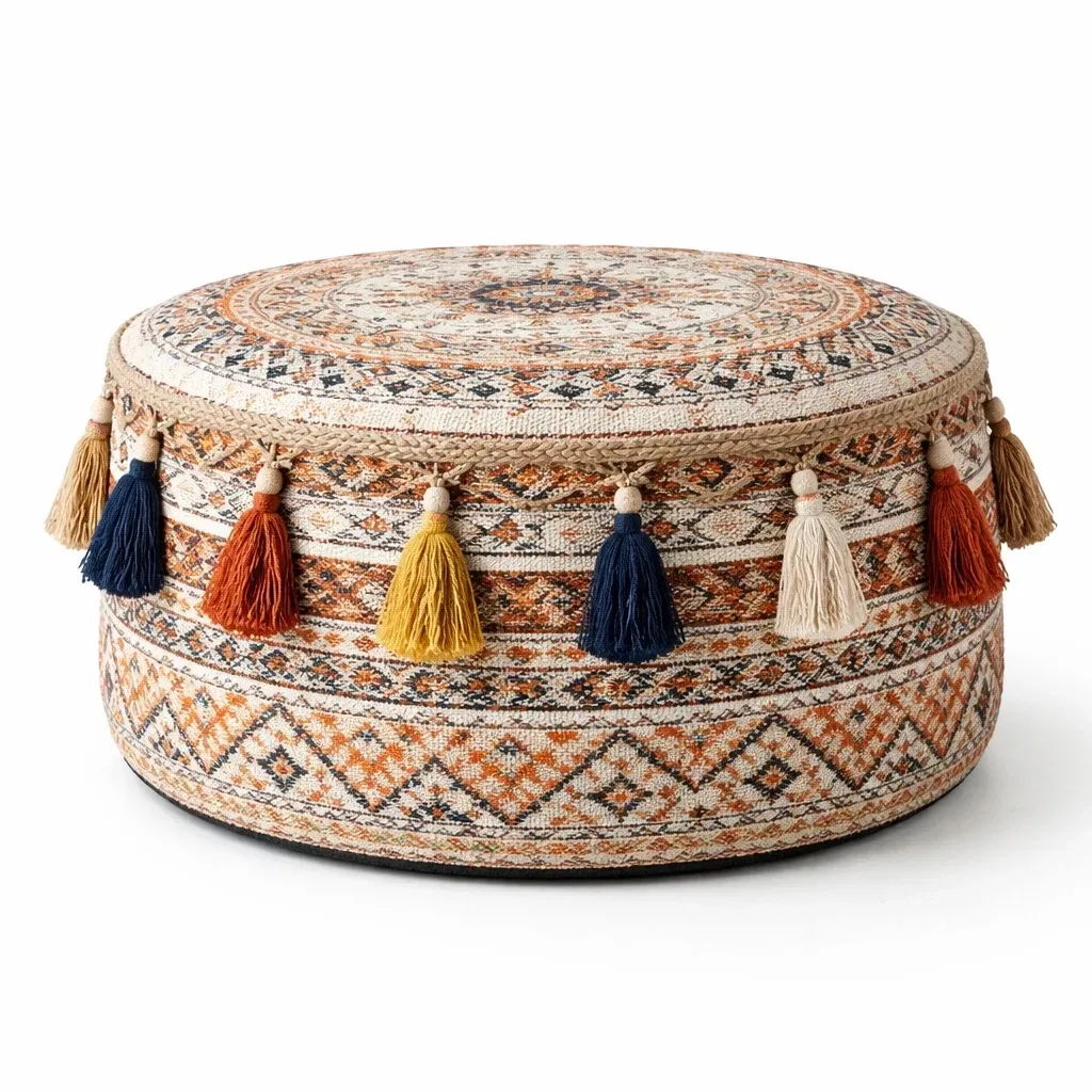 Bohemian Patterned Round Pouffe with Tassels-urbanwoodhome