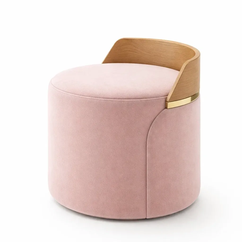 Pink Upholstered Round Stool with Wooden Backrest-urbanwoodhome