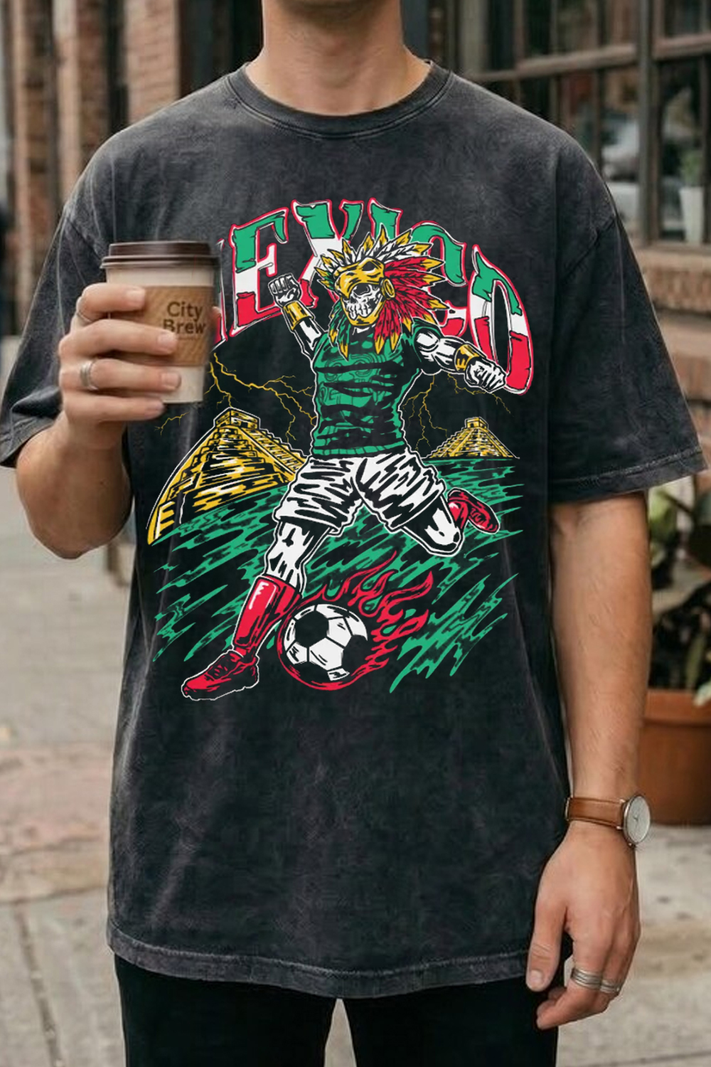 Mexico "Si Se Puede" Aztec Baller Soccer Skeleton Style Washed Cotton Tee