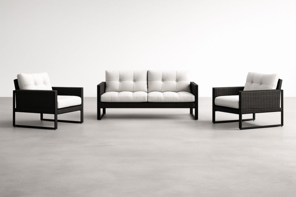 Salon de jardin en osier synthétique noir avec coussins blancs