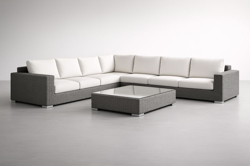 Canapé d'angle en résine tressée avec table basse en verre