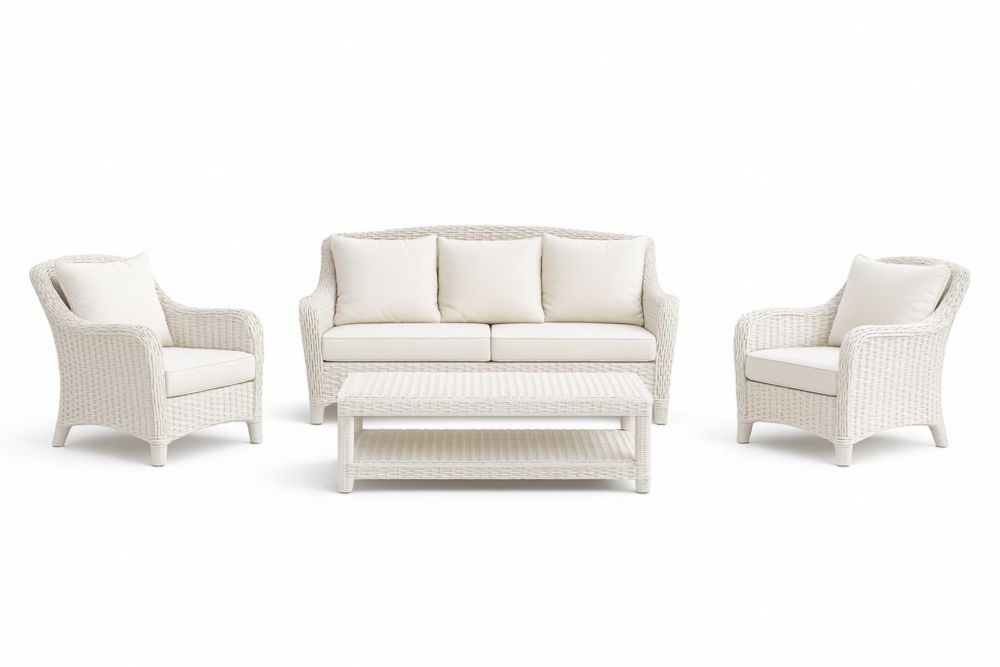 Ensemble de mobilier d'extérieur en rotin blanc avec coussins