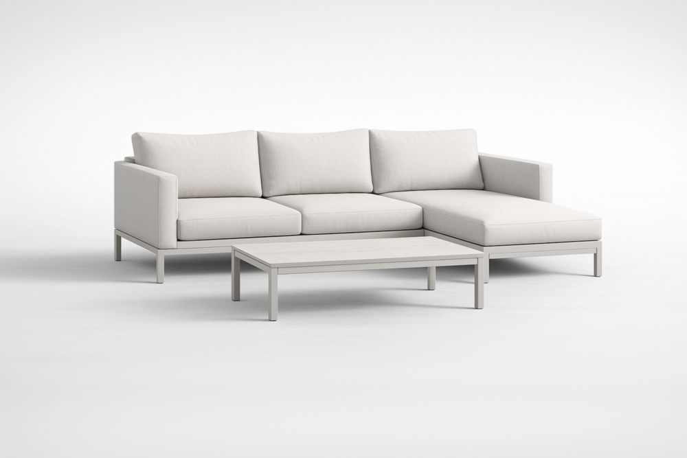 Canapé d'angle et table basse en tissu et aluminium Blanc avec coussins