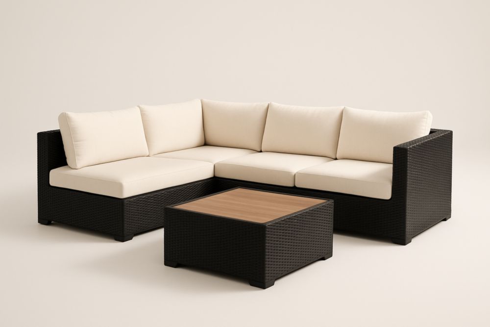 Ensemble de salon d'extérieur en résine tressée noir avec coussins en polyester blanc