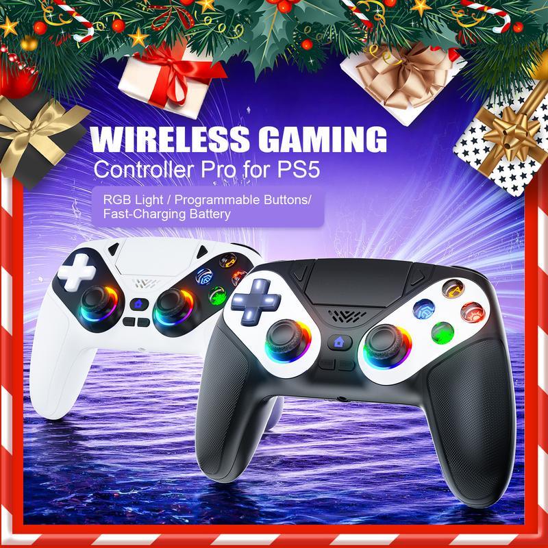HolidayHaul Anti-Drift Calibration Guide Christmas Gift Wireless Gaming Controller Pro for PS5 with LED RGB Light– Compatible with Playstation 5,Dual Vibration, Motion Sensing, Programmable Buttons & 1000mAh Fast-Charging Battery