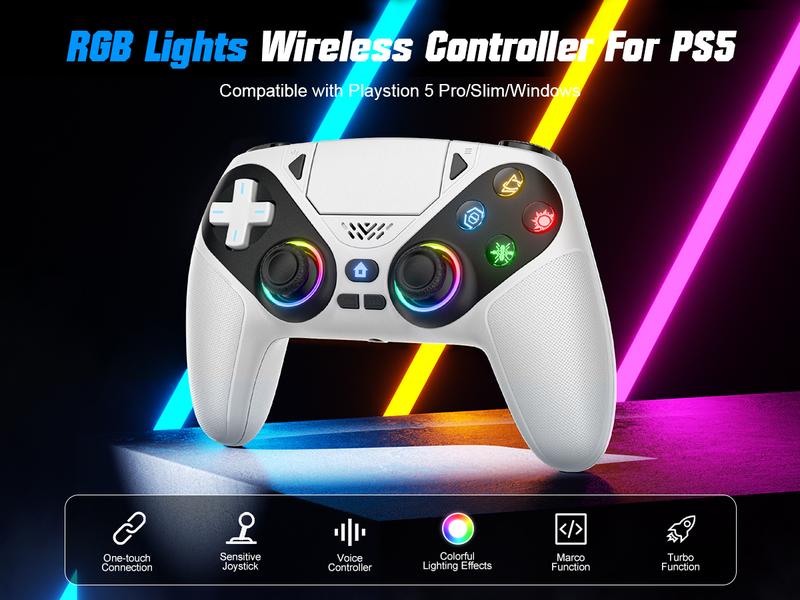 HolidayHaul Anti-Drift Calibration Guide Christmas Gift Wireless Gaming Controller Pro for PS5 with LED RGB Light&ndash; Compatible with Playstation 5,Dual Vibration, Motion Sensing, Programmable Buttons & 1000mAh Fast-Charging Battery