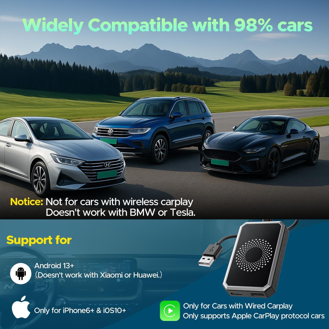 AutoSky AI Box Lite – Wireless CarPlay & Android Auto Adapter with Netflix & YouTube – Plug & Play CarPlay Converter – Works with Factory Wired CarPlay Systems (2016+)