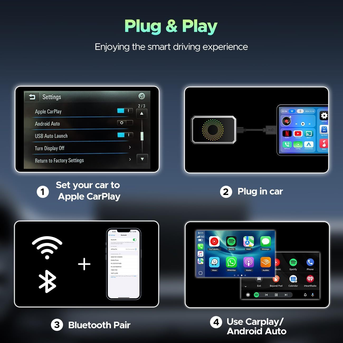 AutoSky AI Box Lite – Wireless CarPlay & Android Auto Adapter with Netflix & YouTube – Plug & Play CarPlay Converter – Works with Factory Wired CarPlay Systems (2016+)