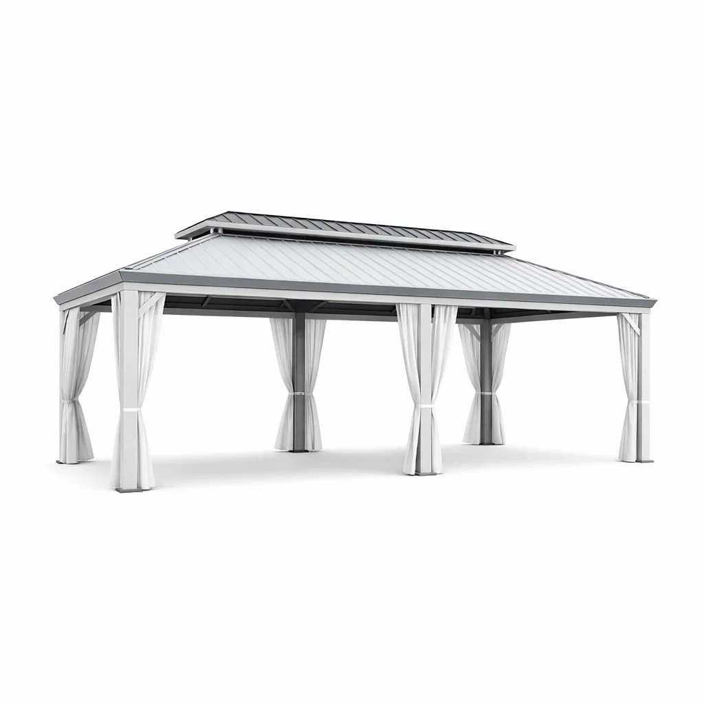 Gazebo in Alluminio Grigio Chiaro con Tetto a Doppio Livello e Tende-ELITEFURNZ