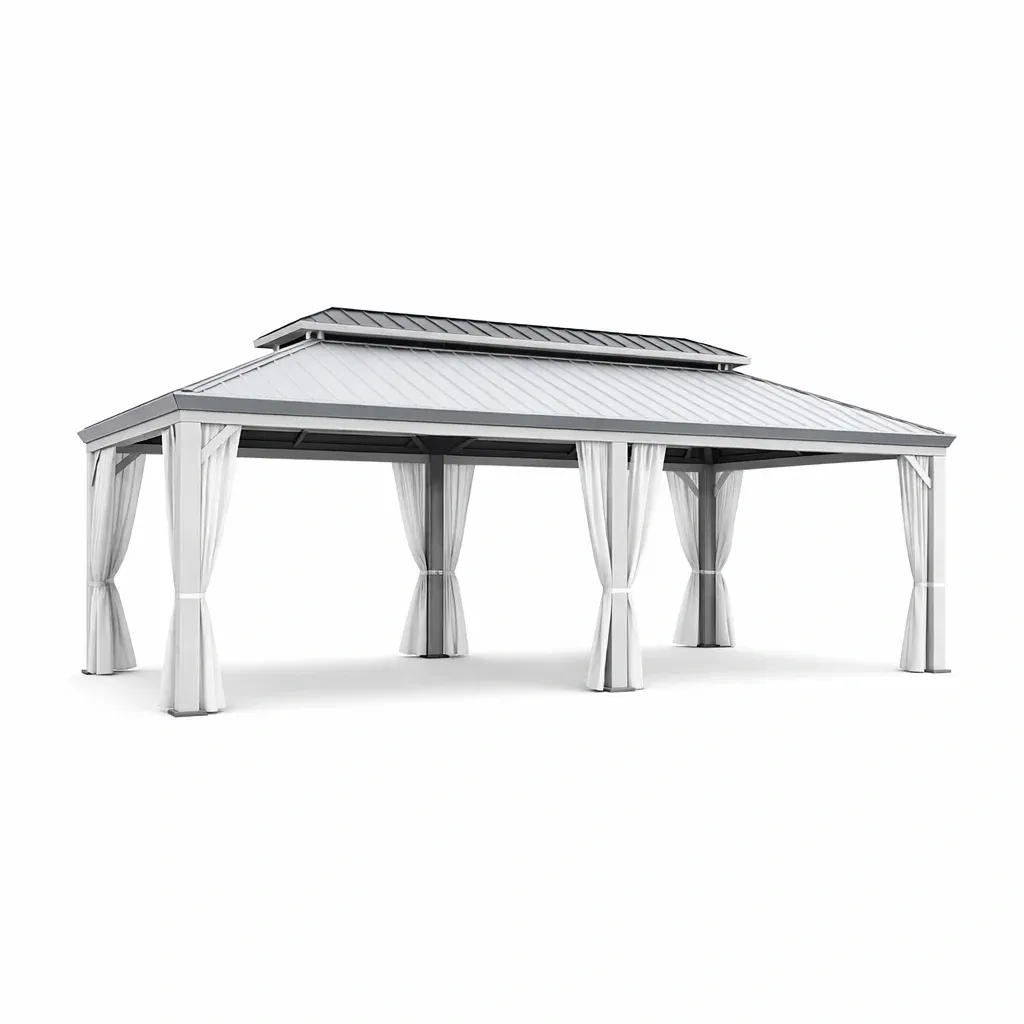 Gazebo in Alluminio Grigio Chiaro con Tetto a Doppio Livello e Tende-ELITEFURNZ