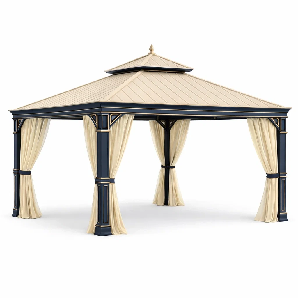 Gazebo da Giardino in Metallo con Tetto e Tende Beige-ELITEFURNZ