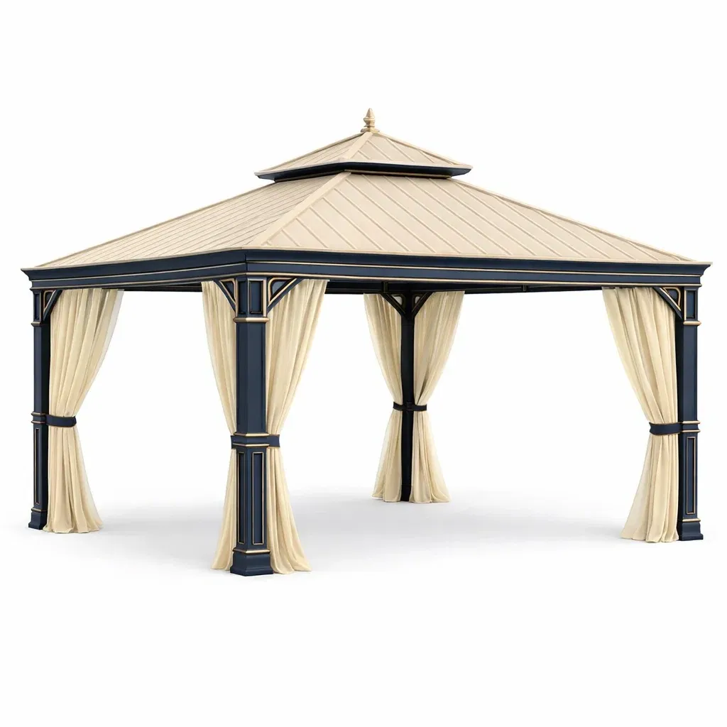 Gazebo da Giardino in Metallo con Tetto e Tende Beige-ELITEFURNZ