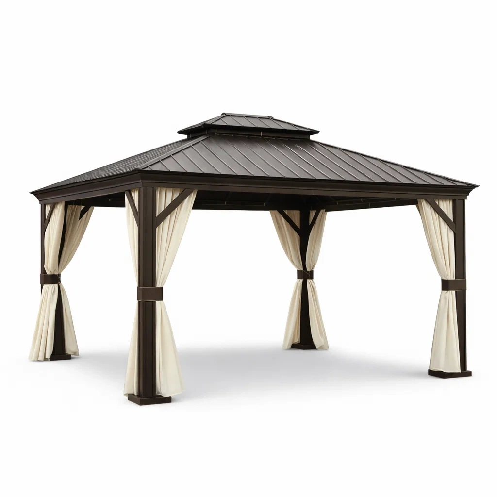 Gazebo in Acciaio con Tetto in Metallo e Tende in Poliestere-ELITEFURNZ