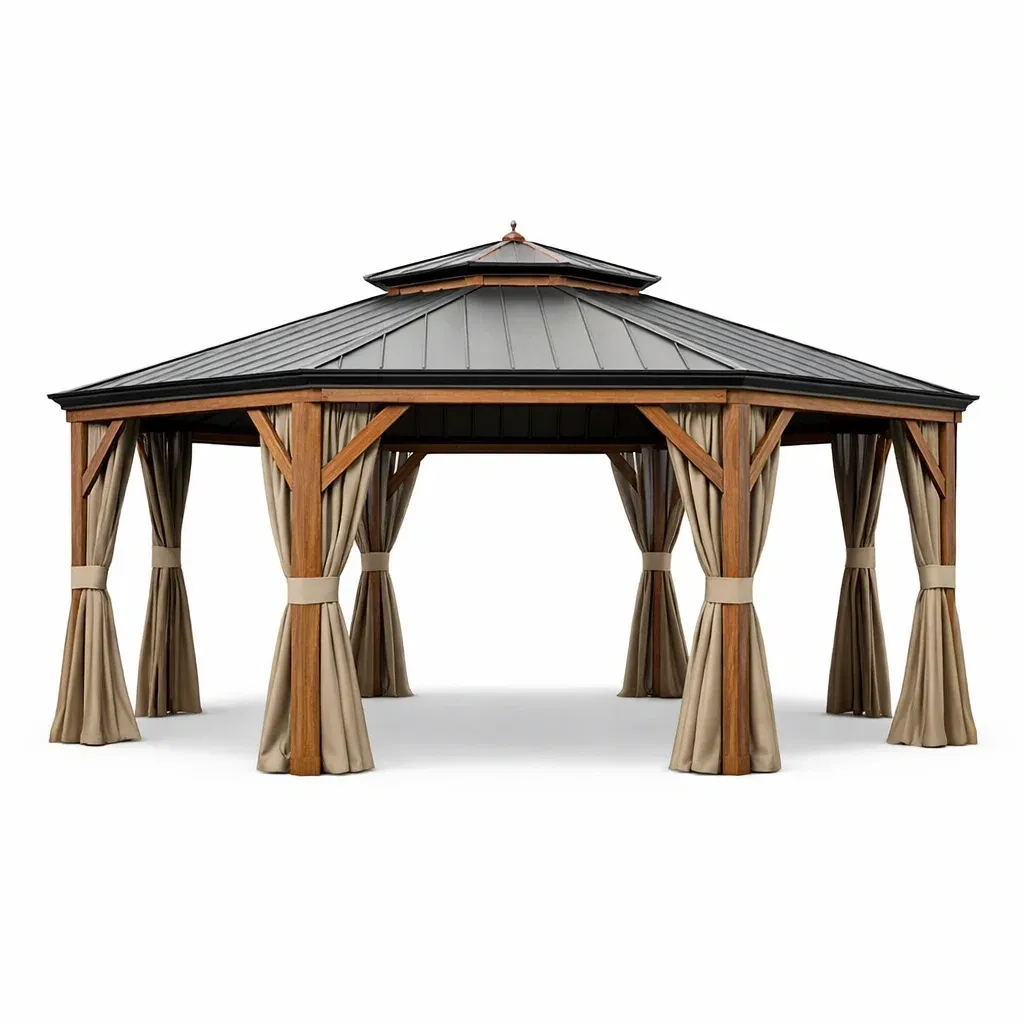 Gazebo esagonale in legno e acciaio con tenda-ELITEFURNZ